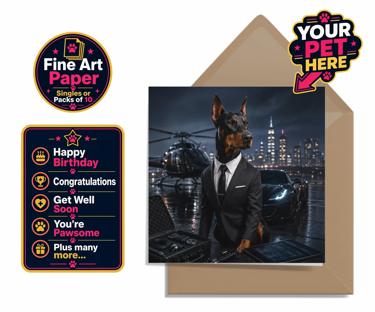 Personalised greetings card featuring Agent P.A.W. the dog in a tuxedo against a Hollywood skyline