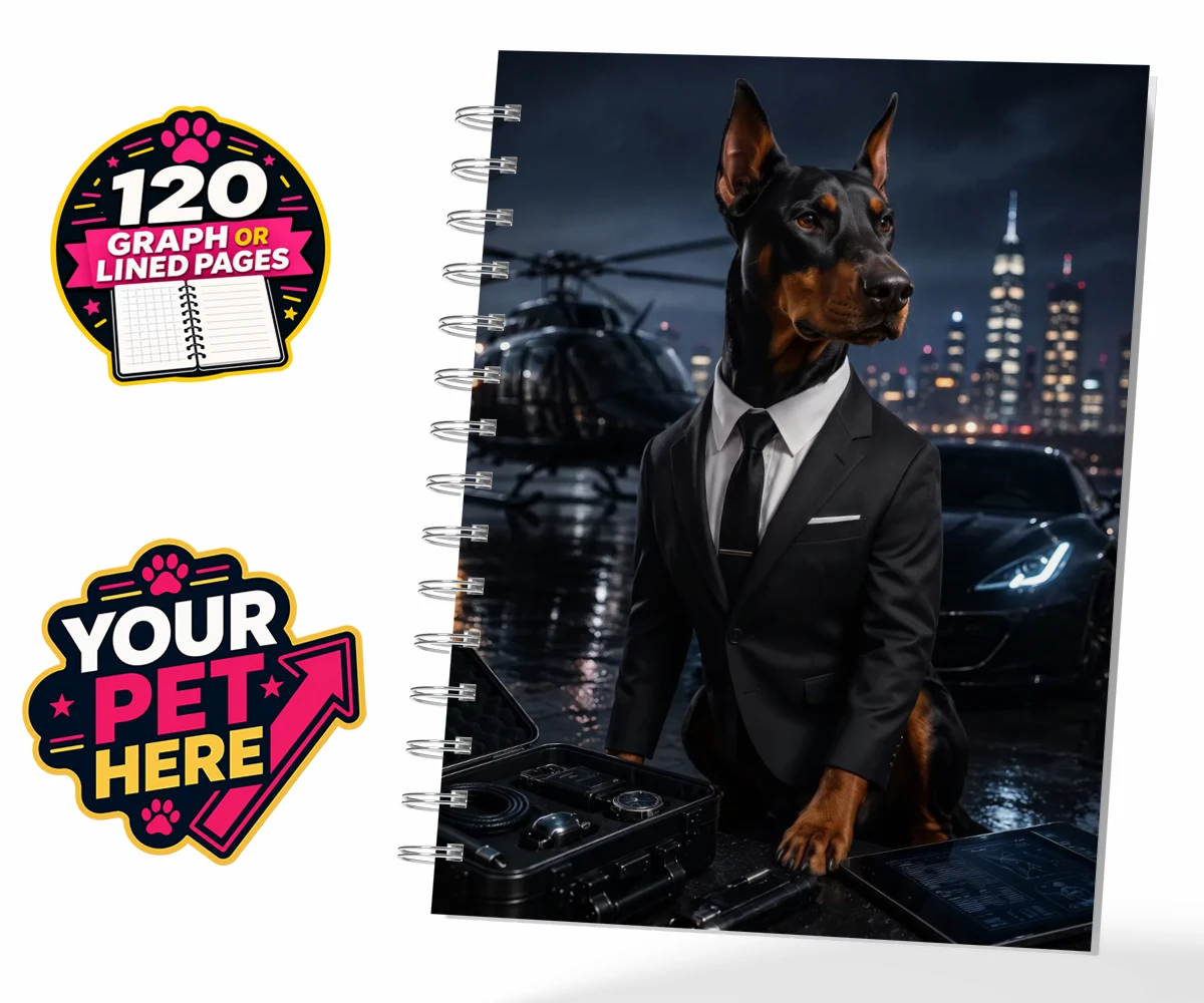 Personalised spiral notebook featuring Agent P.A.W., a dog in a sleek tuxedo with a helicopter and cityscape background.