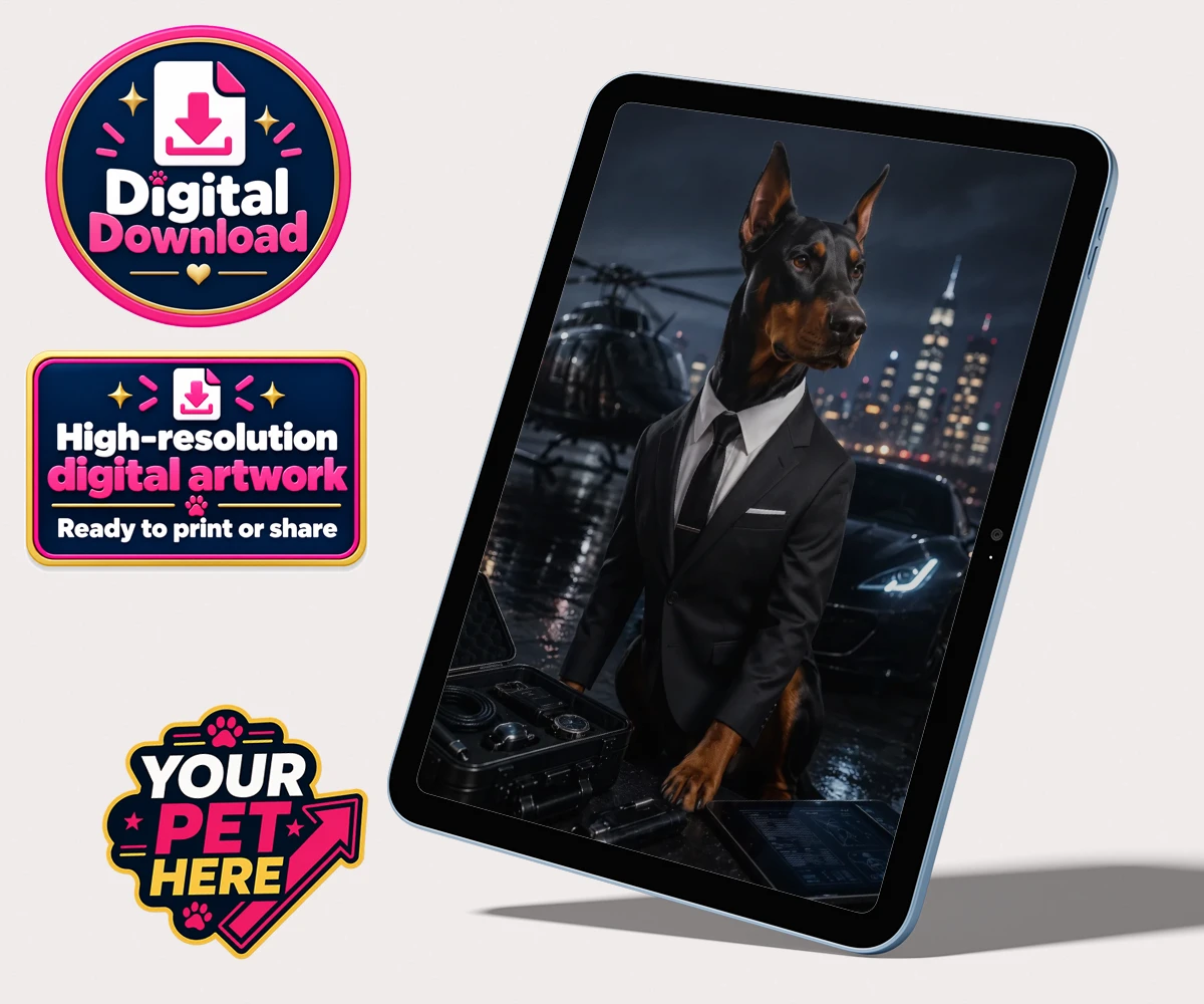 Personalised digital portrait of Agent P.A.W., dog in a tuxedo, set against a Hollywood backdrop with a helicopter.