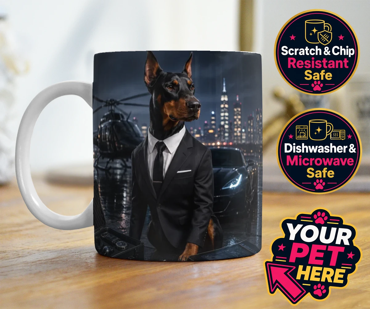 Personalised Agent P.A.W. dog photo mugs featuring the dashing canine spy ready to steal hearts and engage in thrilling a