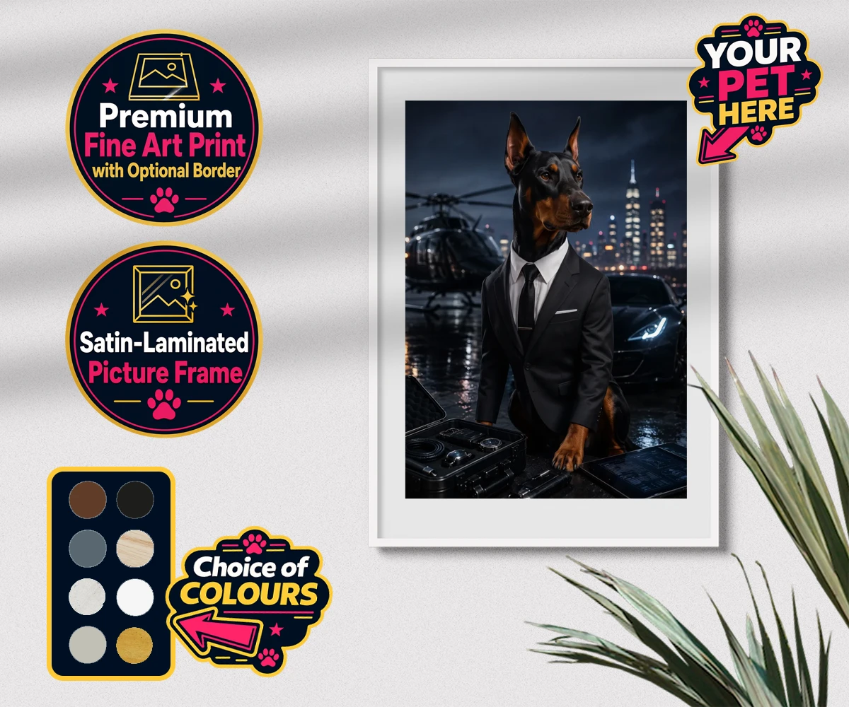Personalised Agent P.A.W. dog premium framed print featuring the dashing canine spy ready to steal hearts and engage in thrilling a
