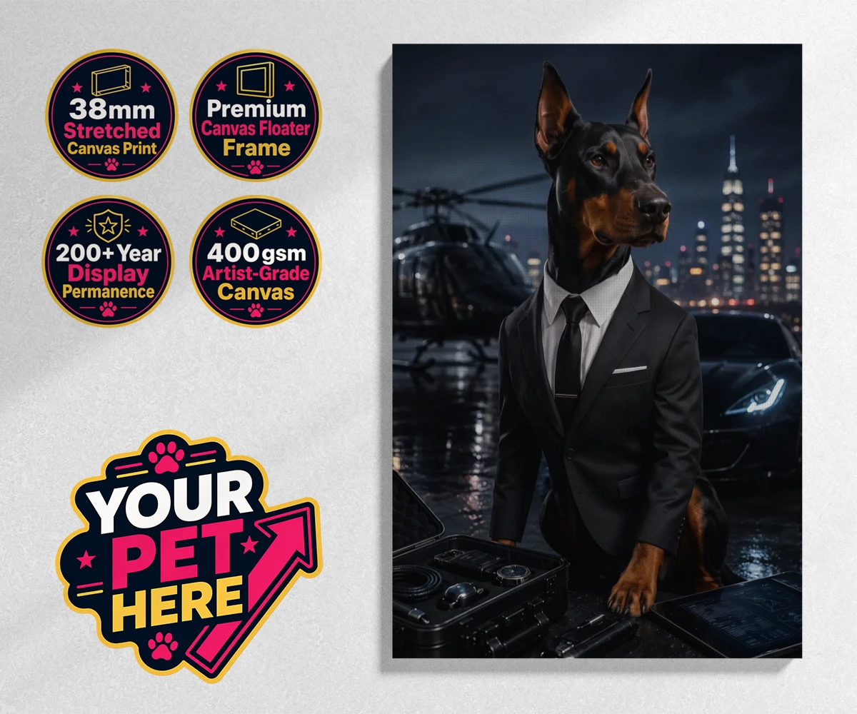 Personalised Agent P.A.W. dog stretched canvas print featuring the dashing canine spy ready to steal hearts and engage in thrilling a