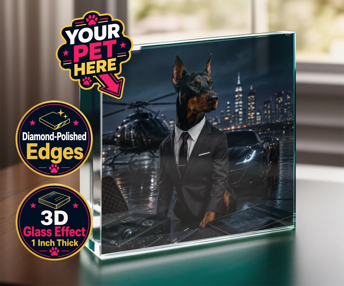 Personalised Agent P.A.W. dog acrylic prisms featuring the dashing canine spy ready to steal hearts and engage in thrilling a