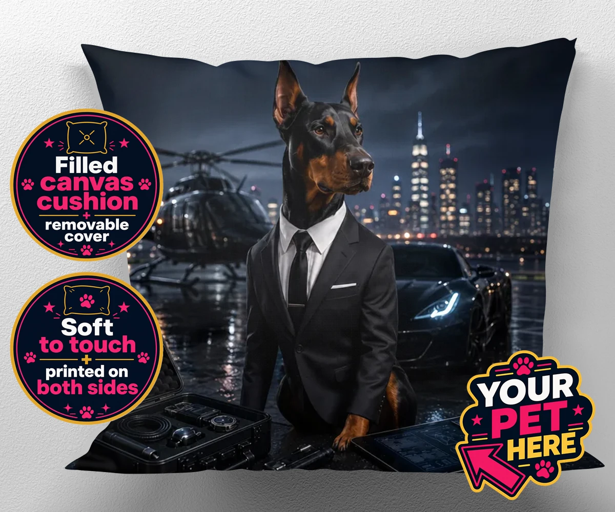 Personalised canvas cushion featuring Agent P.A.W., a dog in a tuxedo, set against a Hollywood skyline with a helicopter