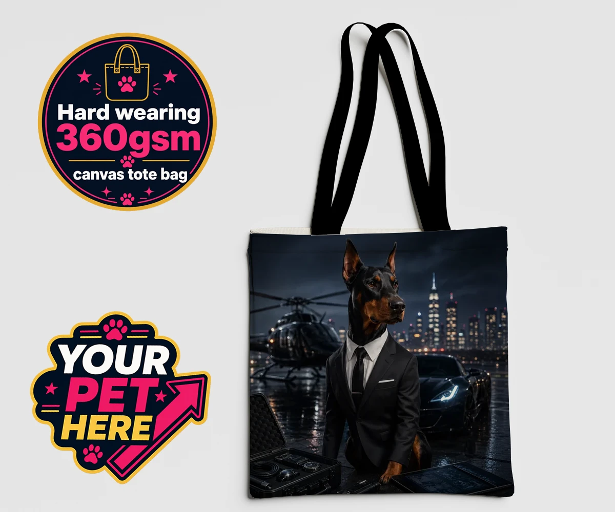 Personalised canvas tote bag featuring Agent P.A.W., a dog in a tuxedo with a Hollywood cityscape backdrop