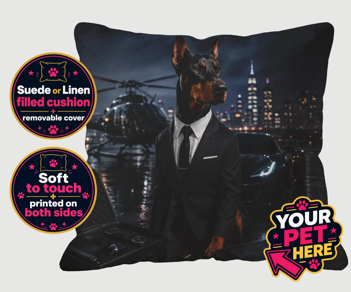 Personalised cushion featuring Agent P.A.W. dog in a tuxedo with a Hollywood cityscape