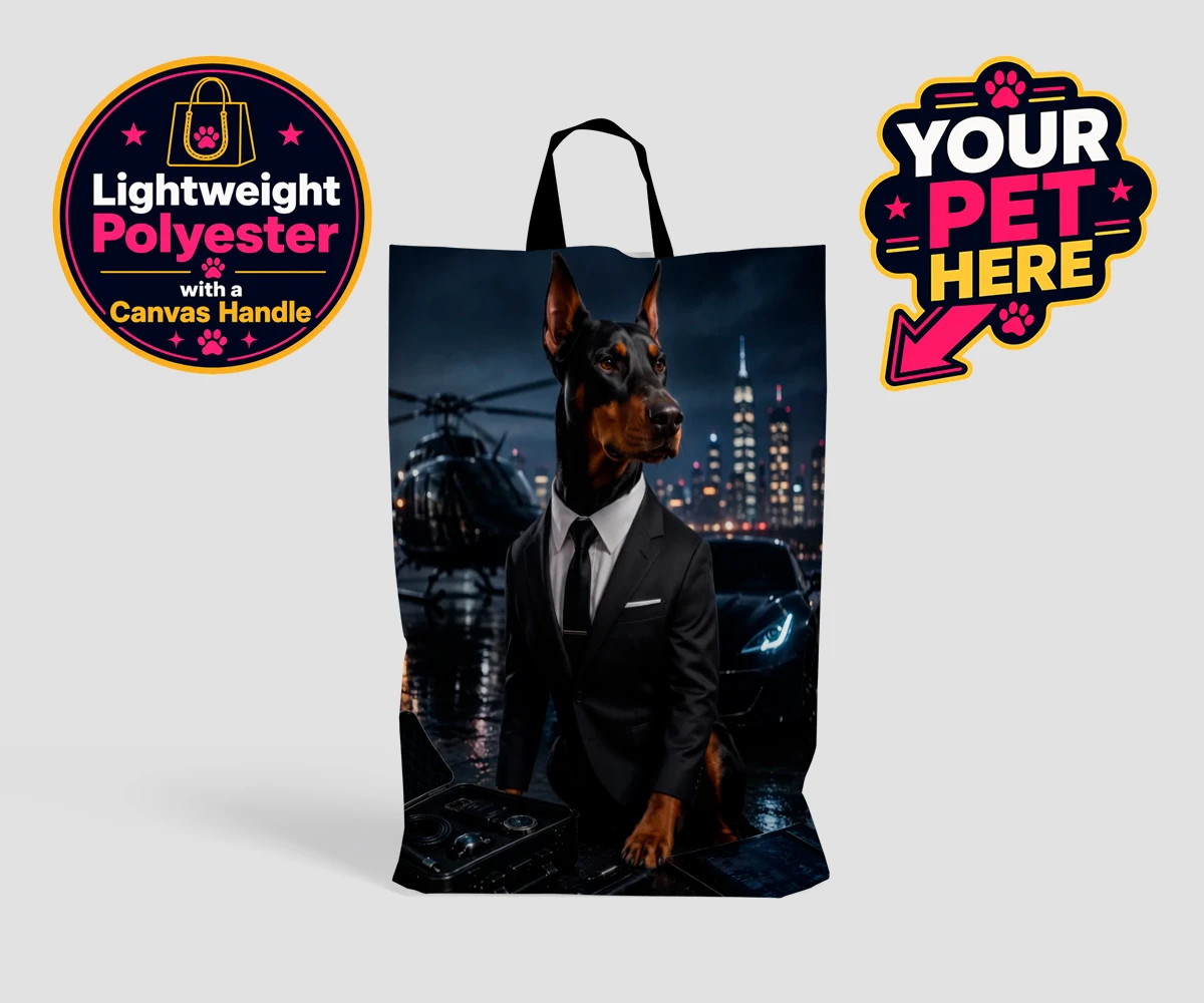 Personalised shopping bag featuring Agent P.A.W., a dog in a tuxedo, against a Hollywood backdrop with a helicopter.