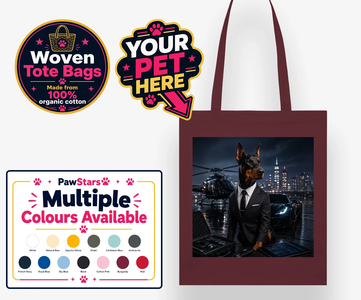Personalised tote bag featuring Agent P.A.W., a dog in a tuxedo with a Hollywood cityscape and helicopter.