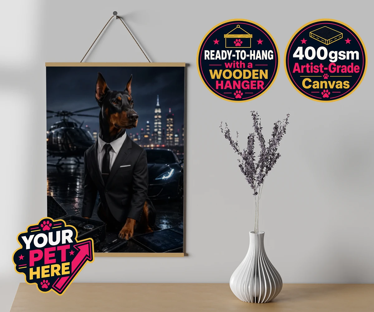 Personalised Agent P.A.W. dog canvas poster prints with hanger featuring the dashing canine spy ready to steal hearts and engage in thrilling a