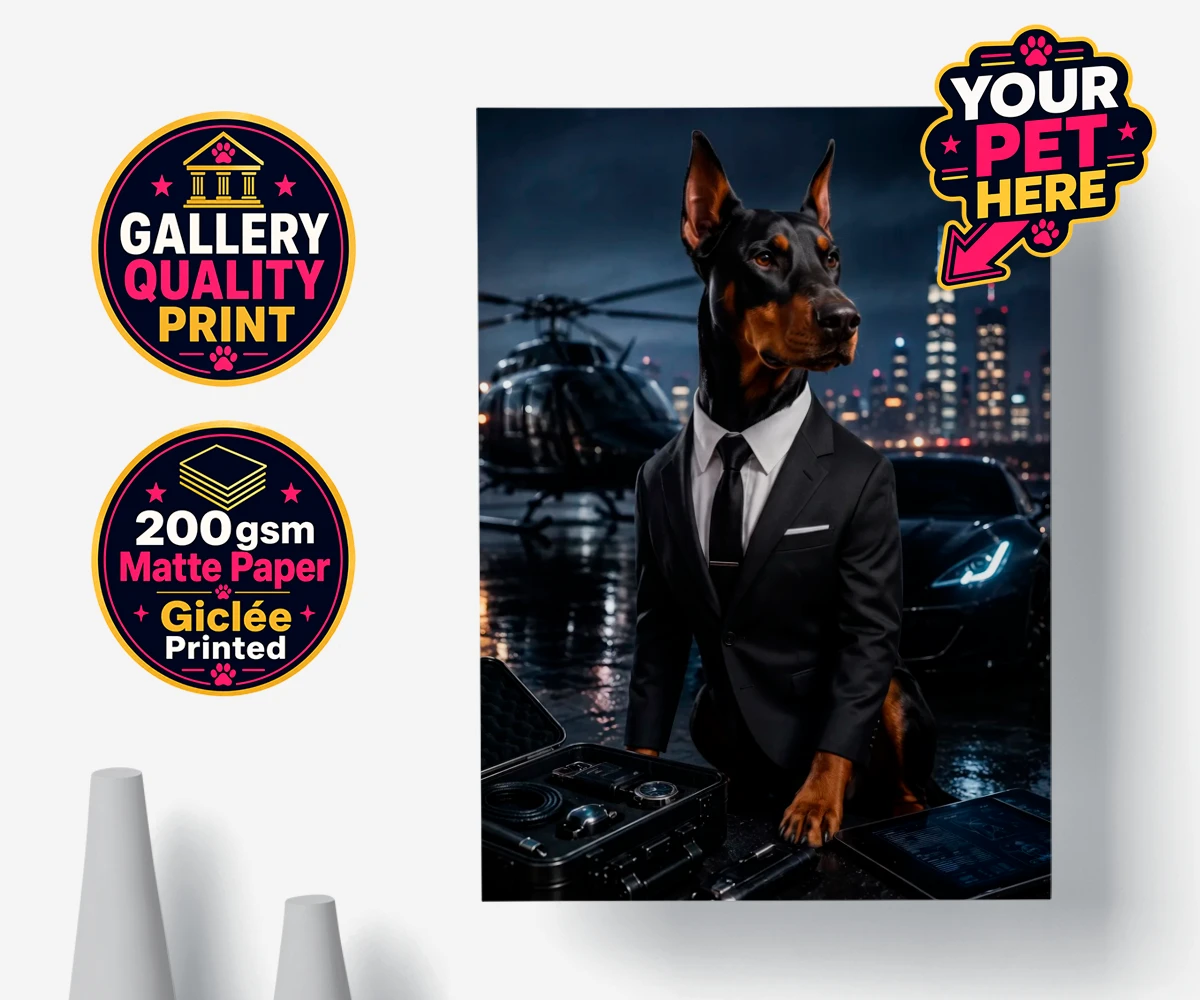 Personalised Agent P.A.W. dog poster print featuring a dog in a tuxedo against a Hollywood cityscape