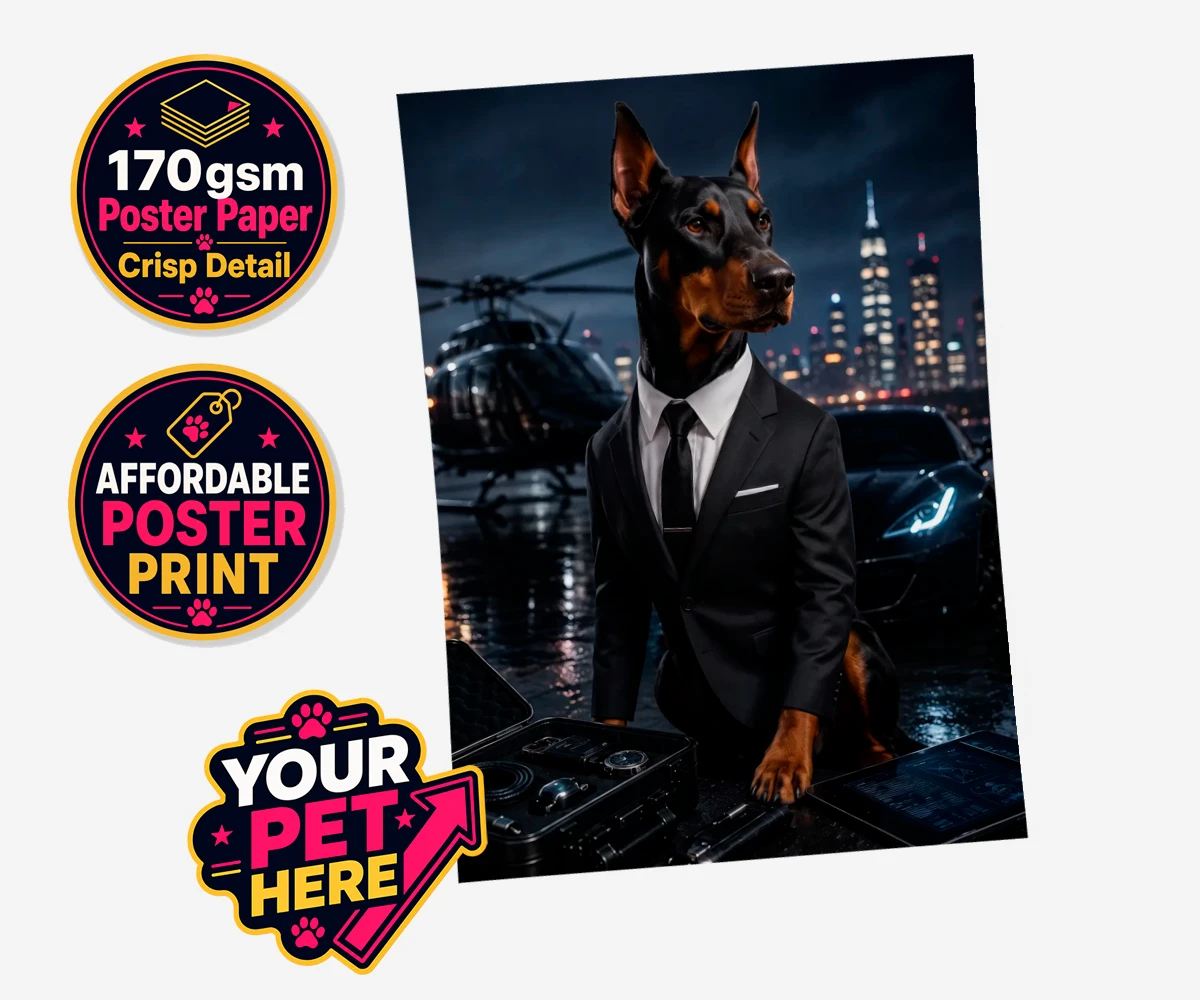 Personalised Agent P.A.W. dog standard poster print featuring the dashing canine spy ready to steal hearts and engage in thrilling a