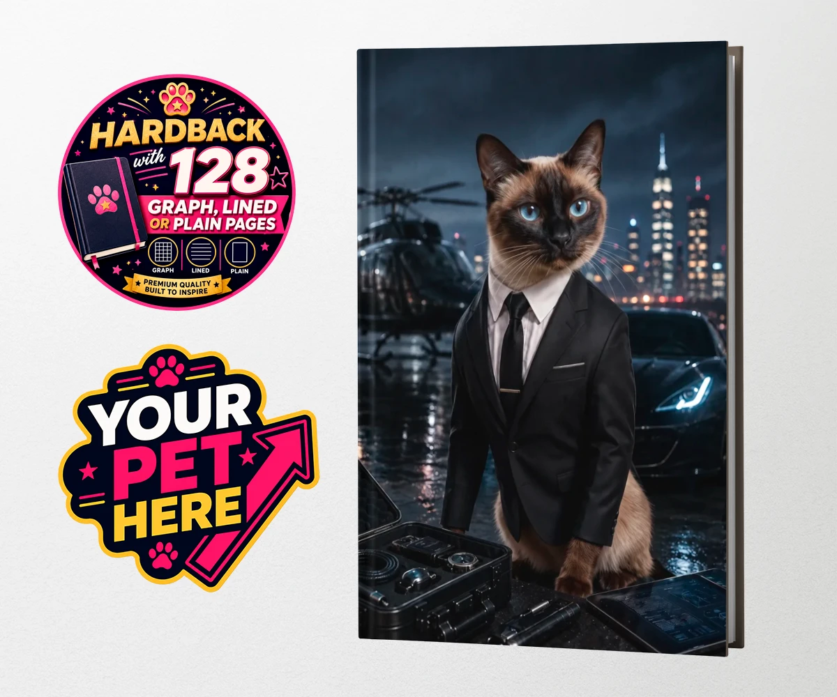 Personalised hardback notebook featuring Agent P.A.W., cat in tuxedo with a city skyline backdrop