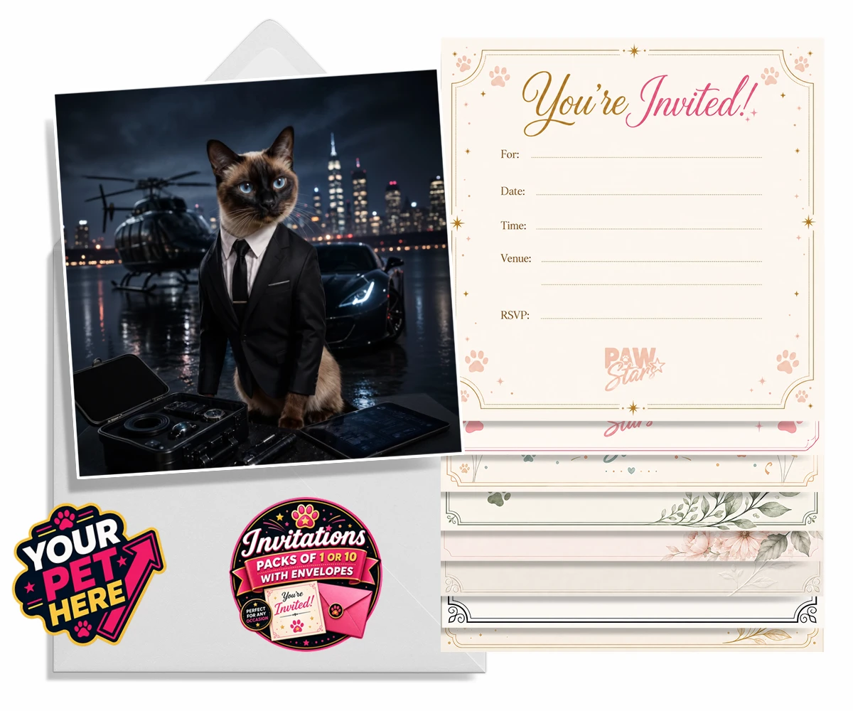 Personalised invitations featuring Agent P.A.W., a cat in a tuxedo, set against a city skyline.