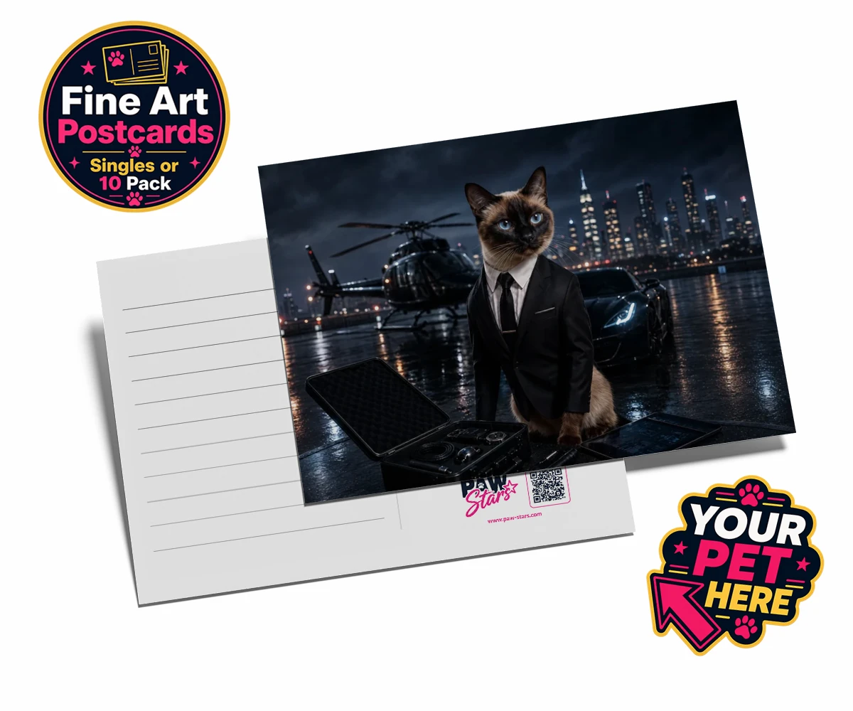 Personalised postcard featuring Agent P.A.W., a cat in a tuxedo with a city skyline and sports car background