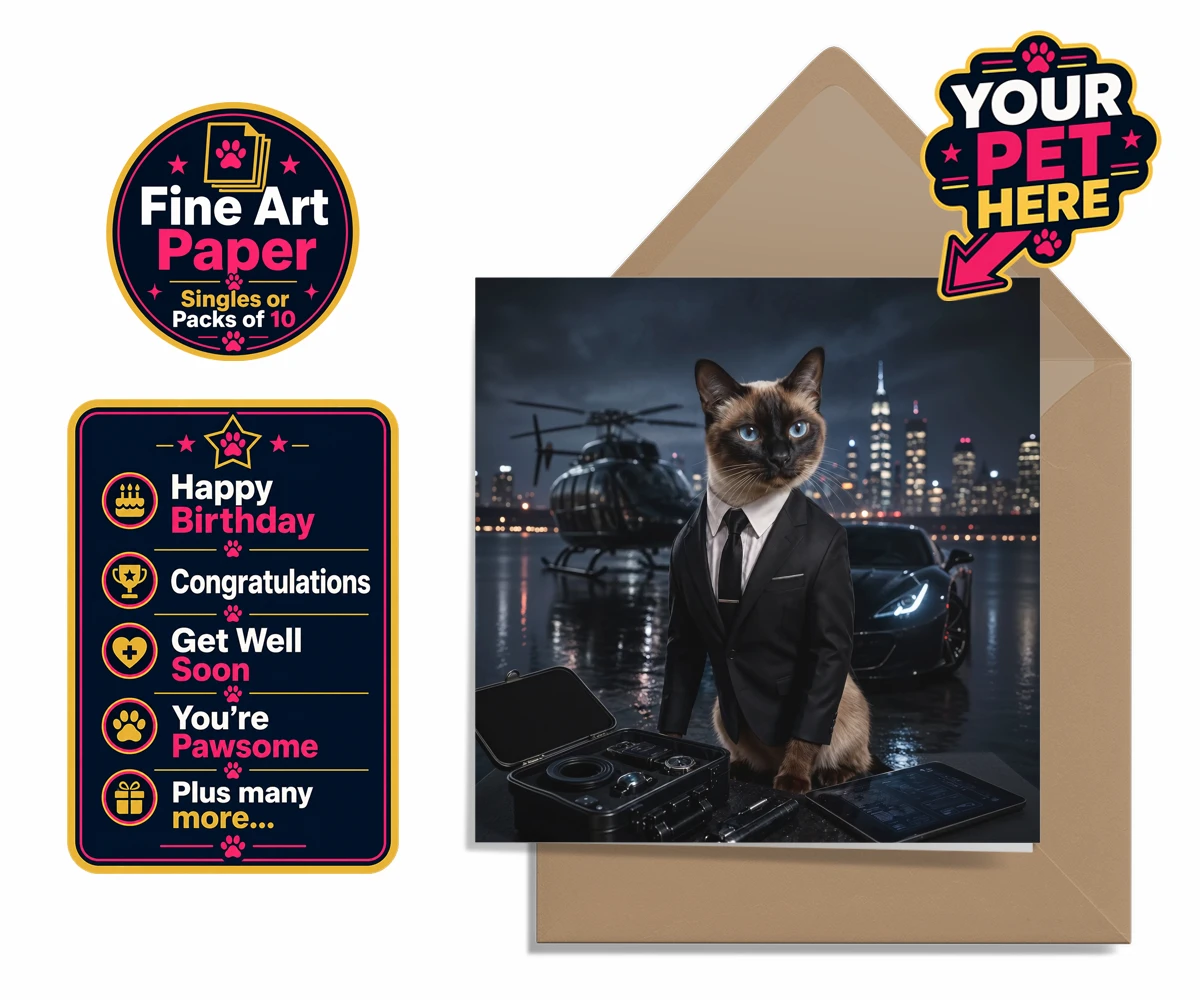 Personalised greetings card featuring Agent P.A.W., the cat in a tuxedo against a city skyline