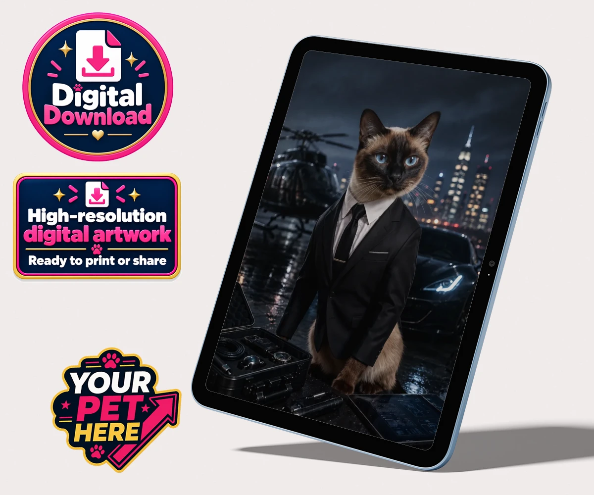 Personalised digital portrait of Agent P.A.W. the cat in a tuxedo with a city skyline and sports car backdrop