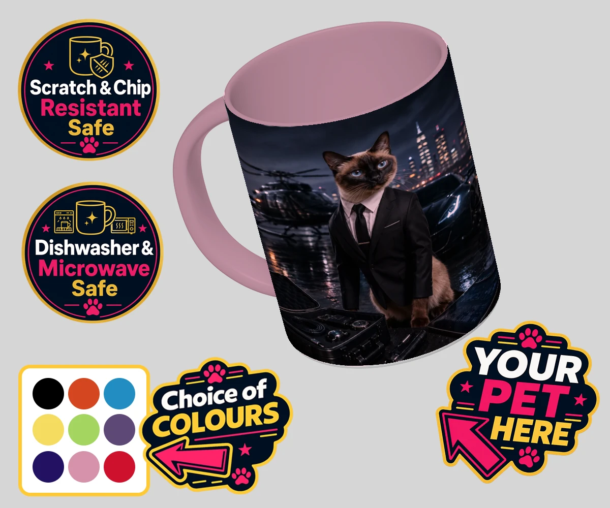 Personalised Agent P.A.W. cat coloured photo mugs featuring meet Agent P.A.W., the suave secret agent cat ready to take on the wor