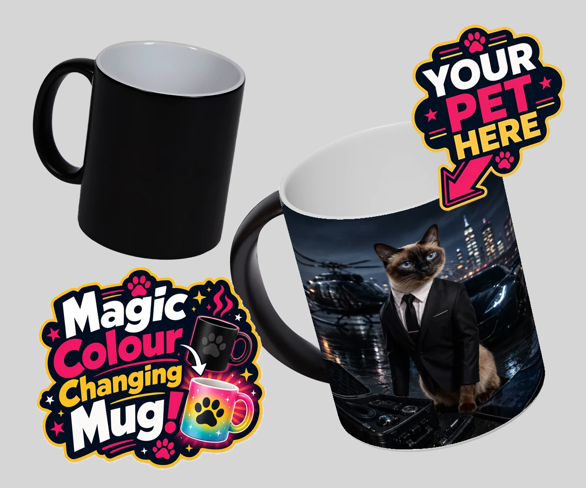 Personalised Agent P.A.W. cat magic photo mugs featuring meet Agent P.A.W., the suave secret agent cat ready to take on the wor