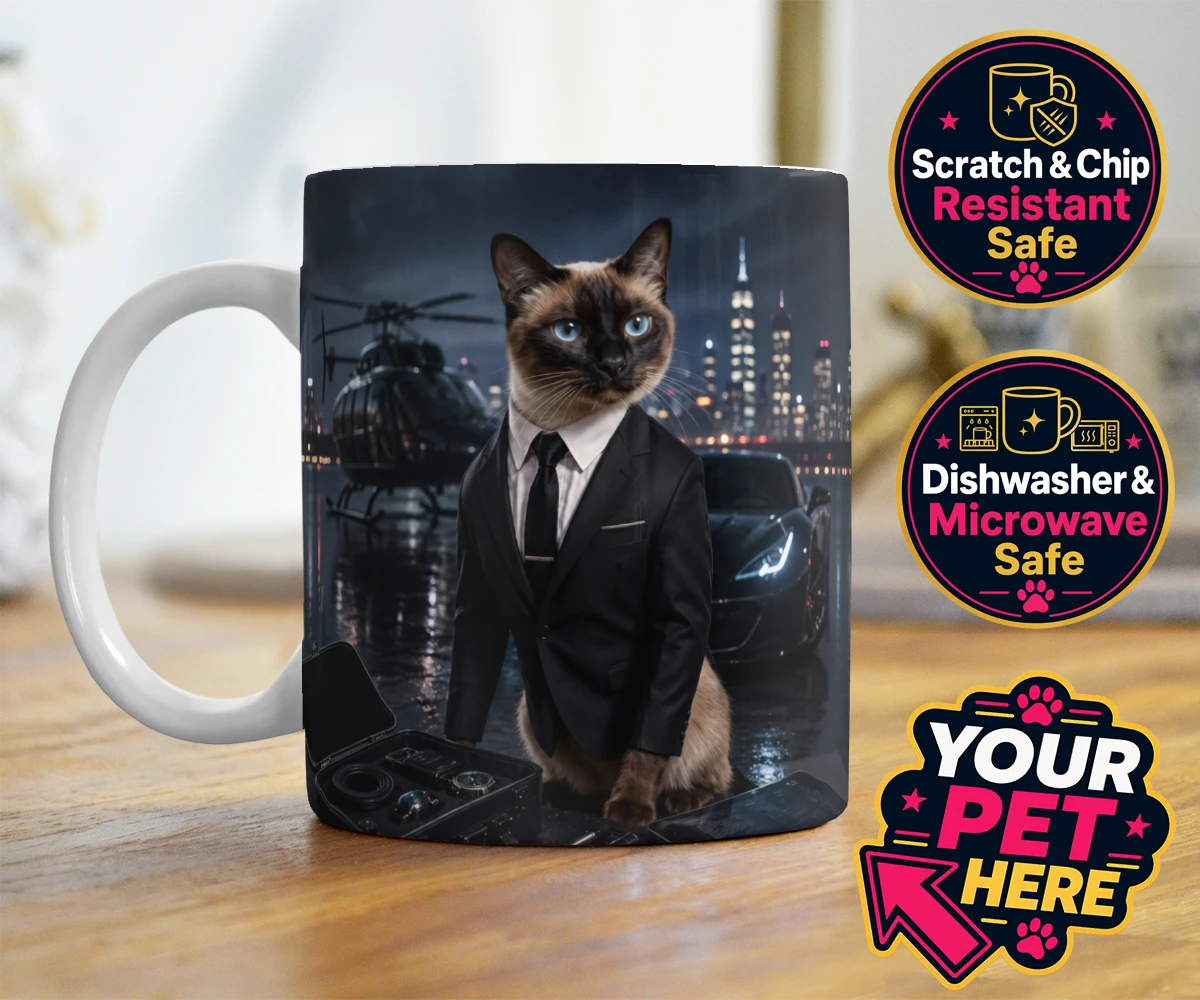 Personalised Agent P.A.W. cat photo mugs featuring meet Agent P.A.W., the suave secret agent cat ready to take on the wor