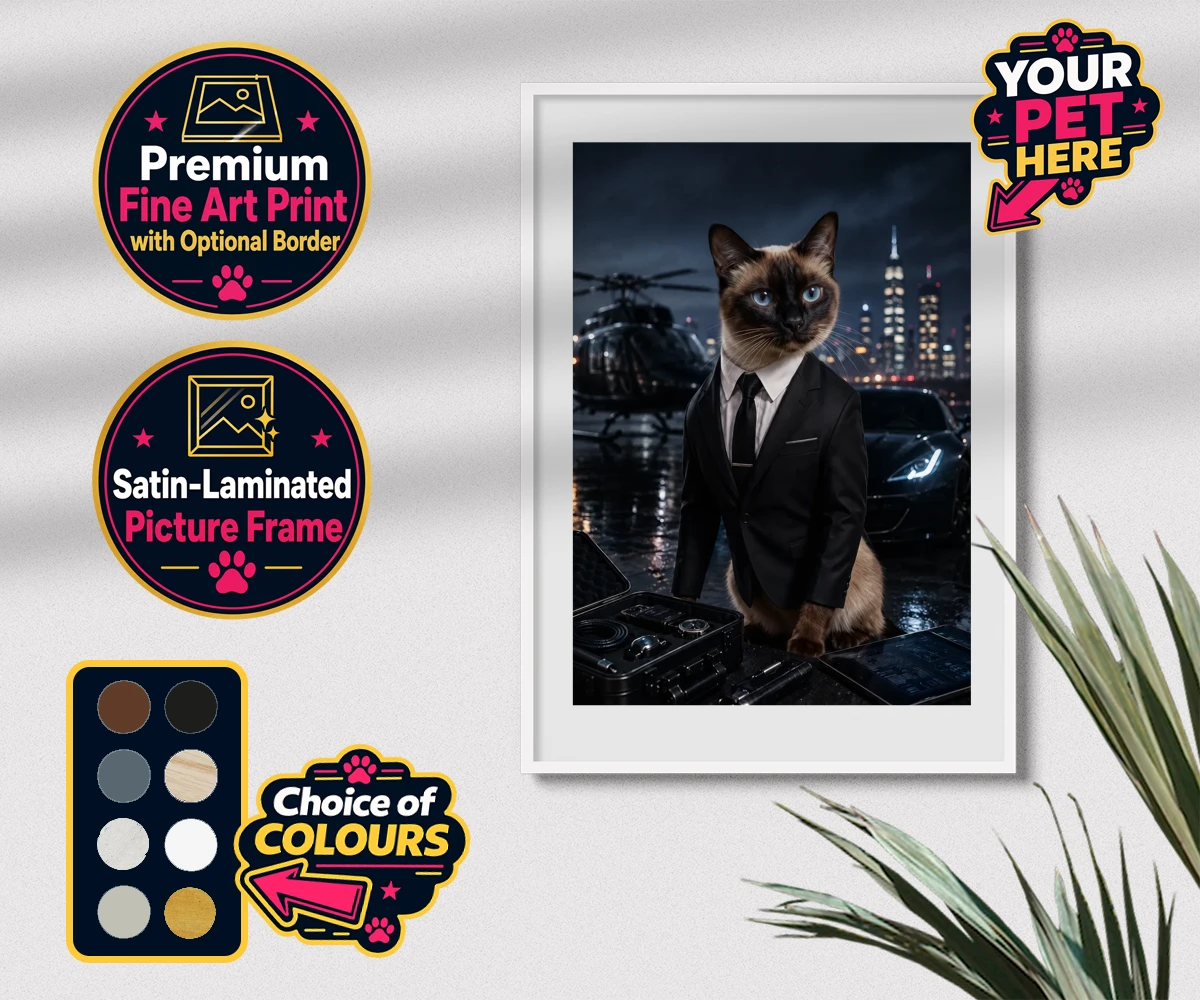 Personalised Agent P.A.W. cat premium framed print featuring meet Agent P.A.W., the suave secret agent cat ready to take on the wor