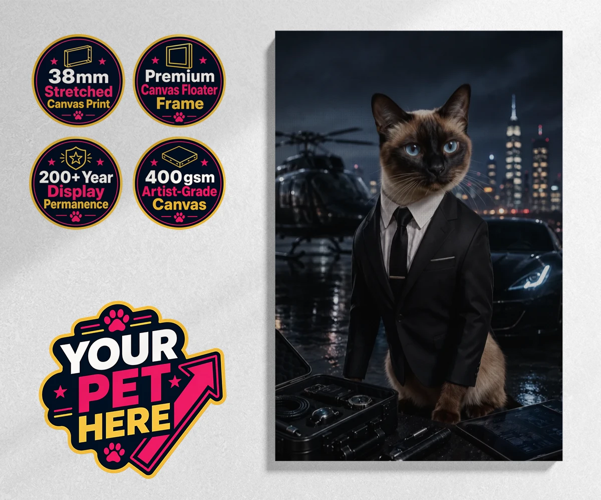 Personalised Agent P.A.W. cat stretched canvas print featuring meet Agent P.A.W., the suave secret agent cat ready to take on the wor