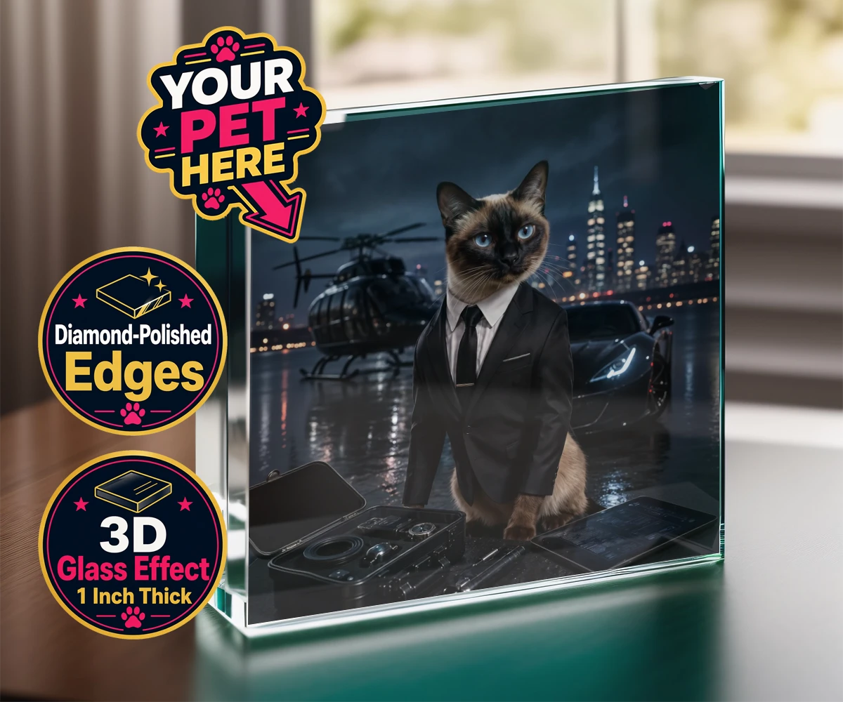 Personalised Agent P.A.W. cat acrylic prisms featuring meet Agent P.A.W., the suave secret agent cat ready to take on the wor