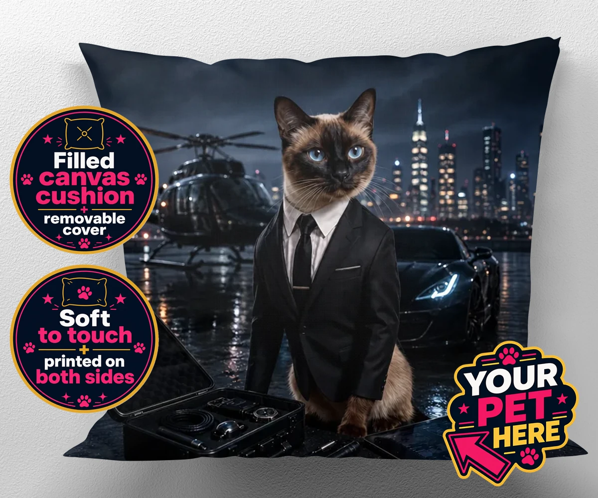 Personalised canvas cushion featuring Agent P.A.W., a cat in a tuxedo with a city skyline background