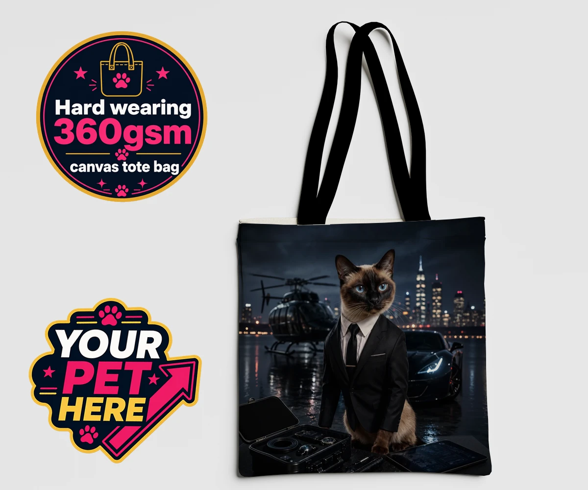 A personalised canvas tote bag featuring Agent P.A.W., a cat in a tuxedo, with a city skyline background.