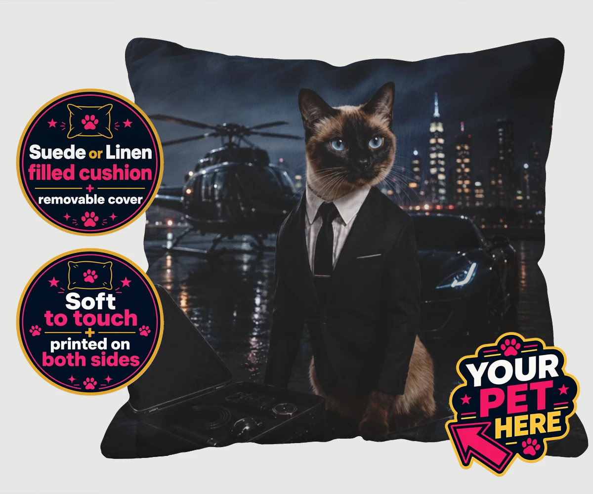 Personalised cushion featuring Agent P.A.W. the cat in a tuxedo with a city skyline background