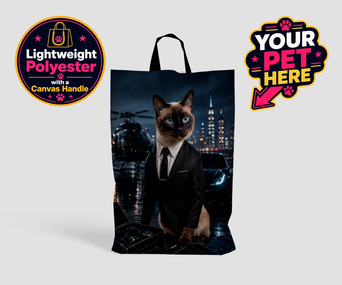 Personalised shopping bag featuring Agent P.A.W., a cat in a tuxedo against a city skyline
