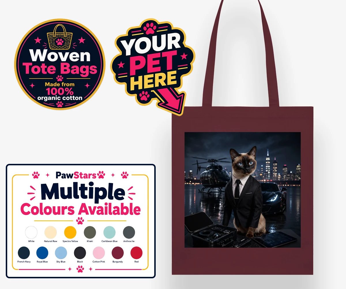 Personalised woven tote bag featuring Agent P.A.W., a cat in a tuxedo, set against a city skyline