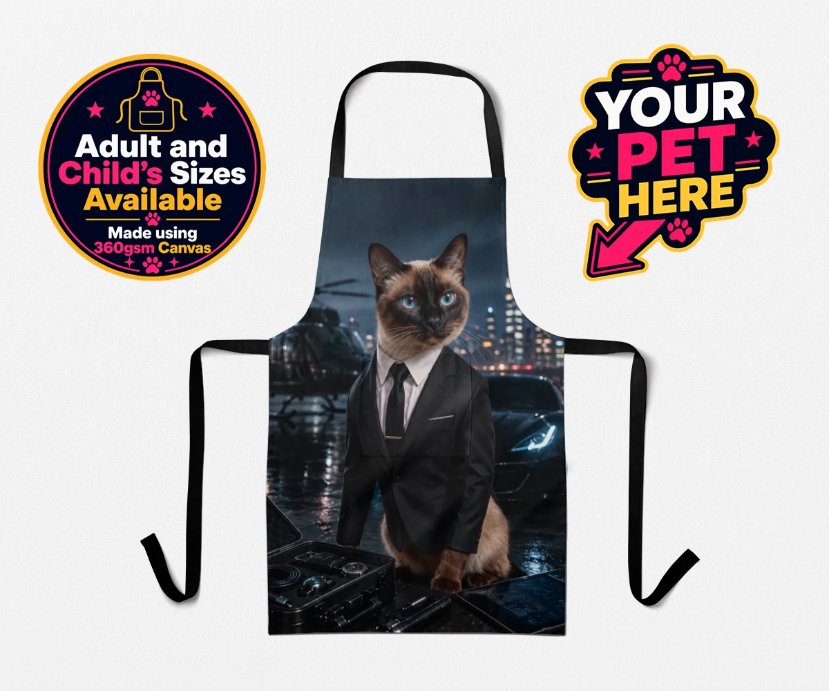 Personalised Agent P.A.W. cat apron featuring a cat in a tuxedo and a city skyline background