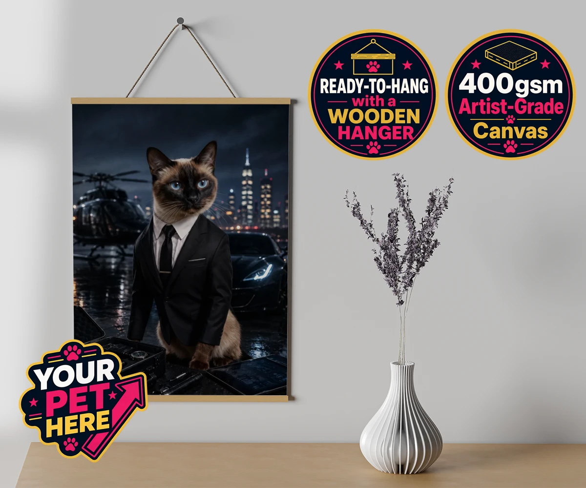 Personalised Agent P.A.W. cat canvas poster prints with hanger featuring meet Agent P.A.W., the suave secret agent cat ready to take on the wor