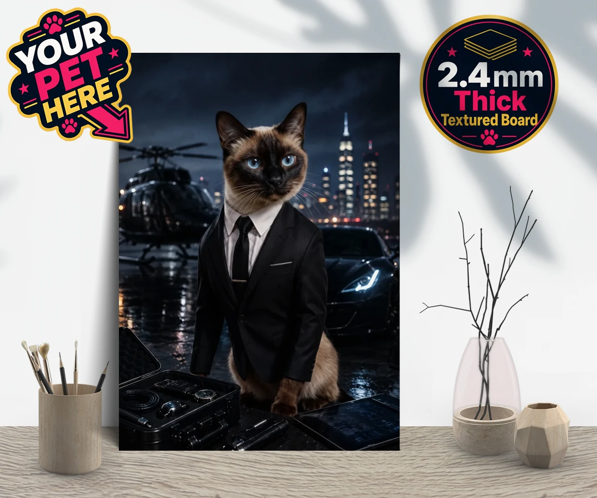 Personalised Agent P.A.W. cat gallery boards featuring meet Agent P.A.W., the suave secret agent cat ready to take on the wor