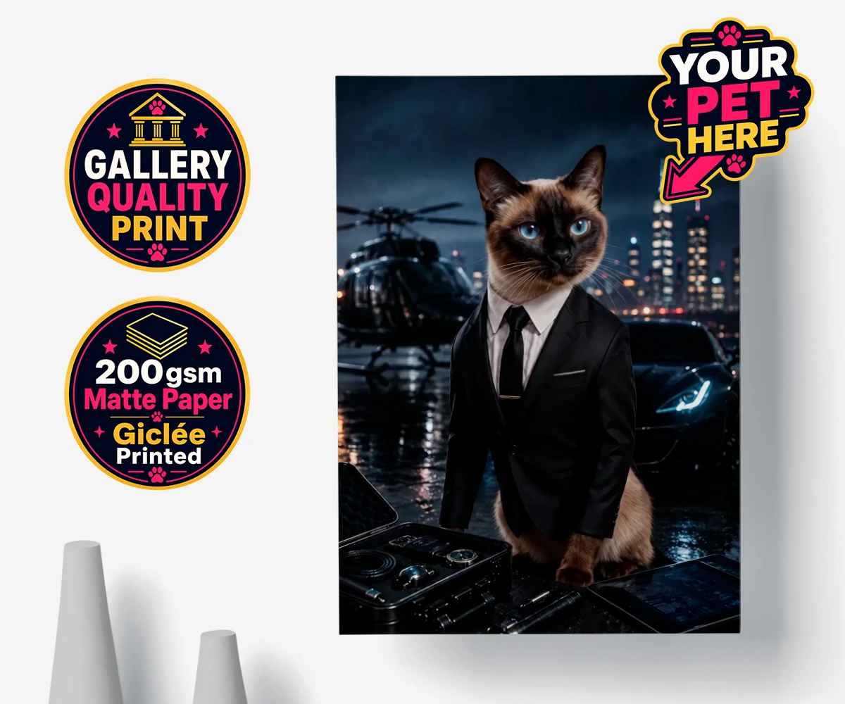 Personalised poster print featuring Agent P.A.W., a cat in a tuxedo with a city skyline and sports car background.
