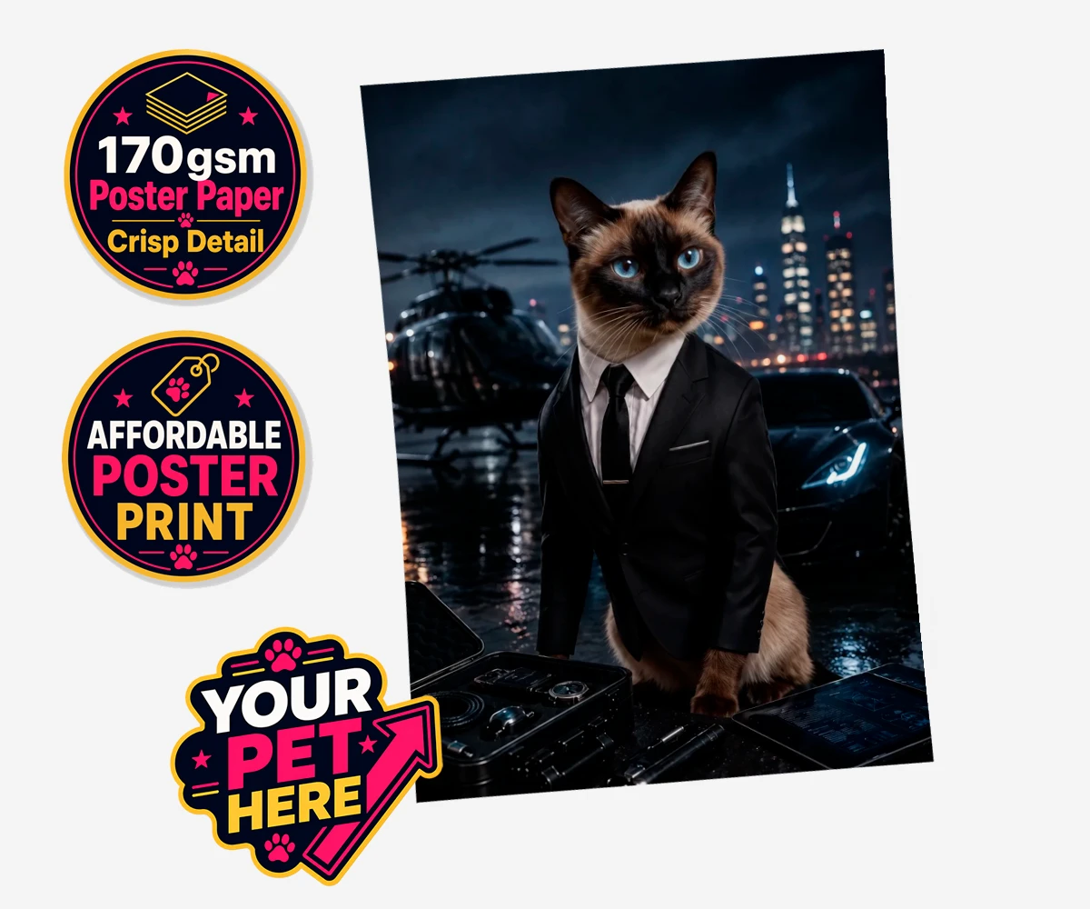 Personalised Agent P.A.W. cat standard poster print featuring meet Agent P.A.W., the suave secret agent cat ready to take on the wor