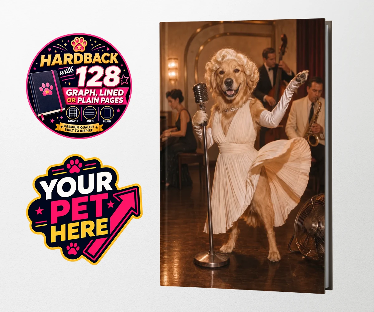 Personalised Hollywood Blonde dog notebook featuring a dog in a vintage gown with elegant curls against a jazz-age backdrop.