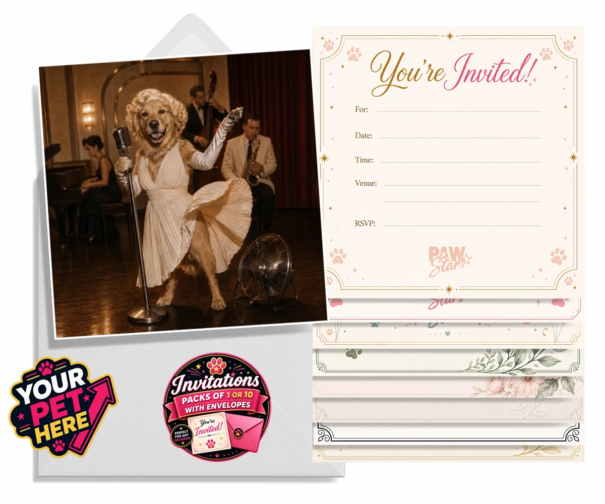Personalised The Hollywood Blonde dog invitation featuring a dog in a vintage gown and elegant curls against a jazz-age backdrop