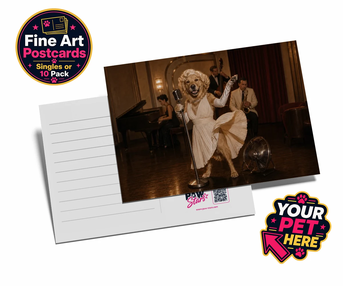 Personalised postcards of The Hollywood Blonde dog in a vintage gown with glamorous curls