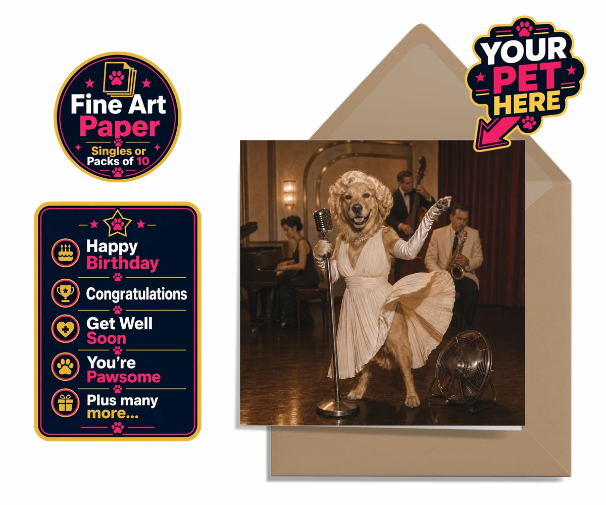 Personalised greetings card featuring The Hollywood Blonde dog in a vintage gown with curls