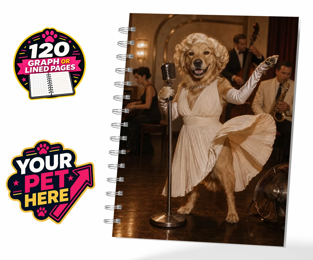 Personalised spiral notebook featuring The Hollywood Blonde dog in a vintage gown with glamorous curls