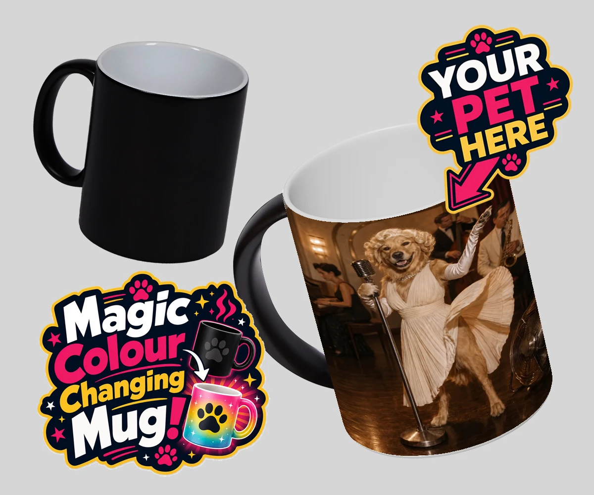 Personalised magic photo mug featuring The Hollywood Blonde dog dressed in a vintage gown