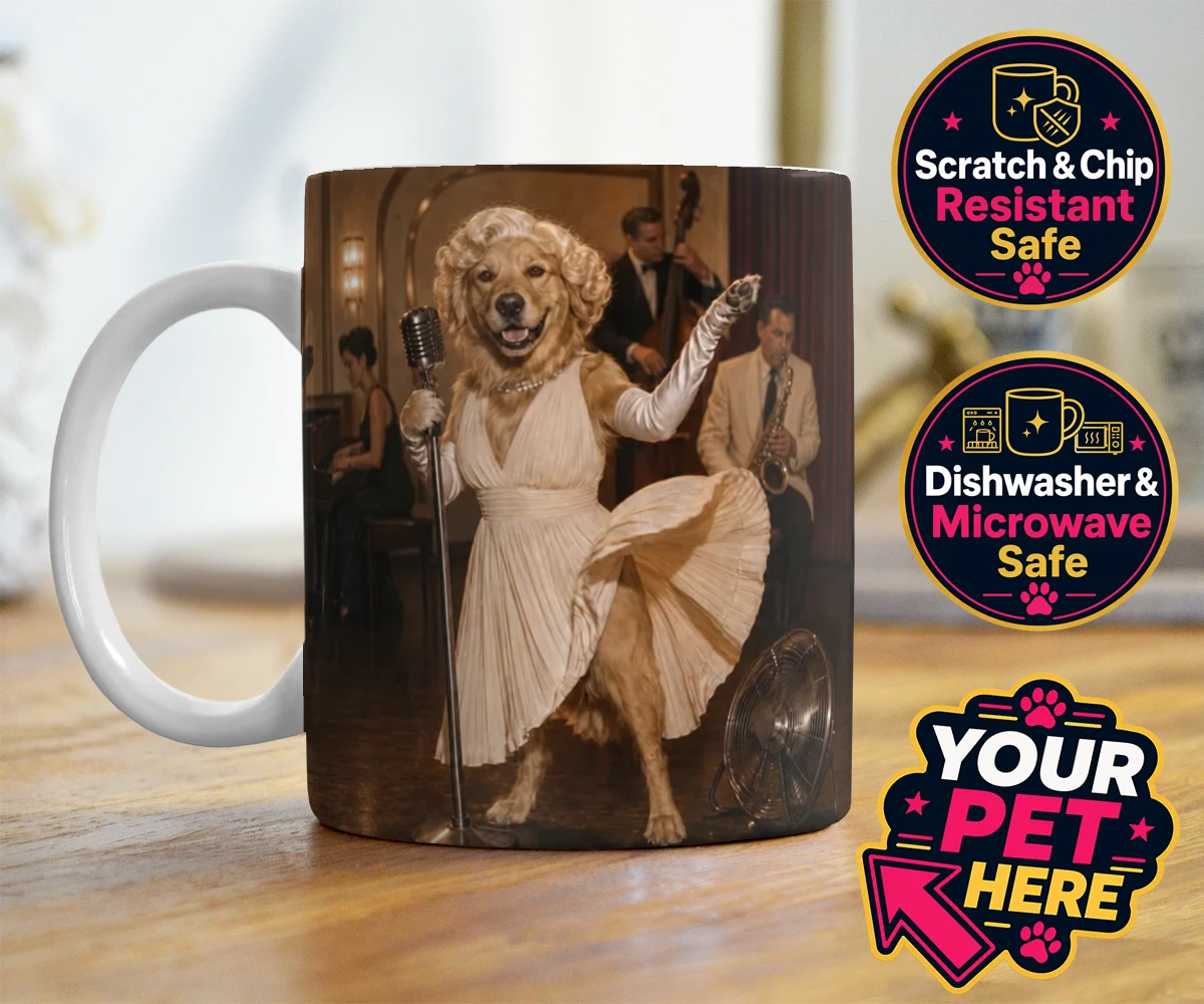 Personalised photo mug featuring The Hollywood Blonde dog in vintage gown and glamorous curls