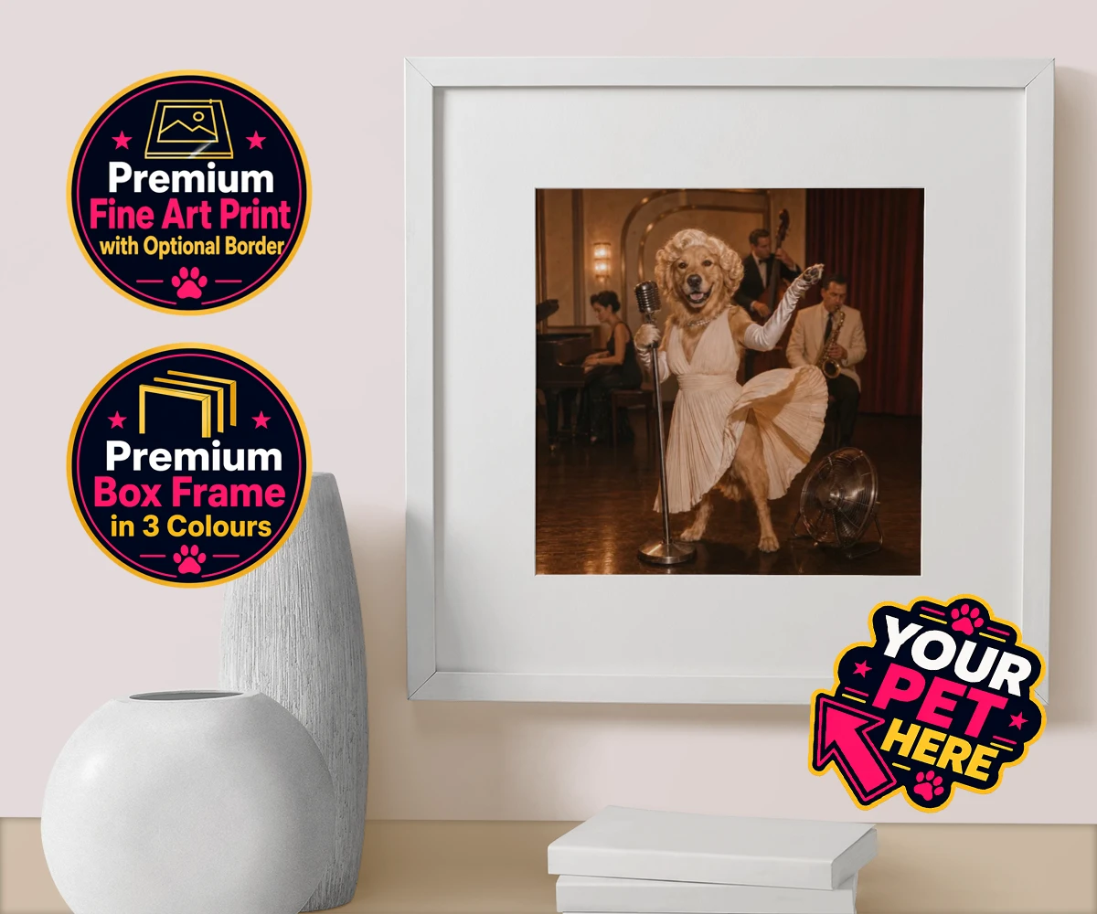 Personalised box framed print of The Hollywood Blonde dog, dressed in a vintage gown with glamorous curls and elegant accessories.