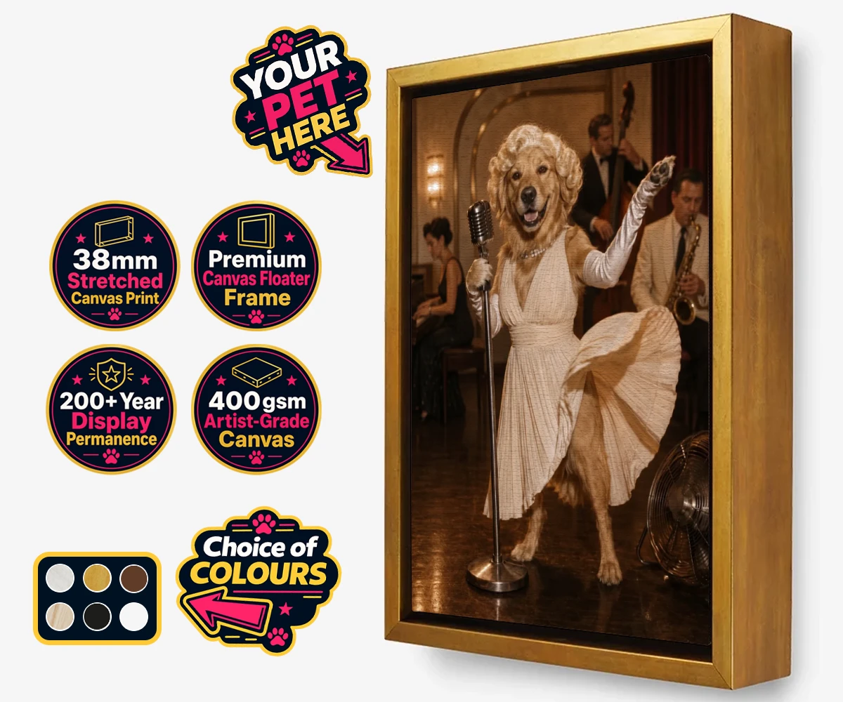 Personalised The Hollywood Blonde framed canvas print featuring a dog in a vintage gown and glamorous curls