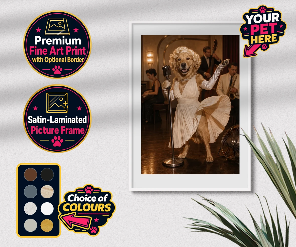 Premium framed print of The Hollywood Blonde dog in a vintage gown with glamorous curls