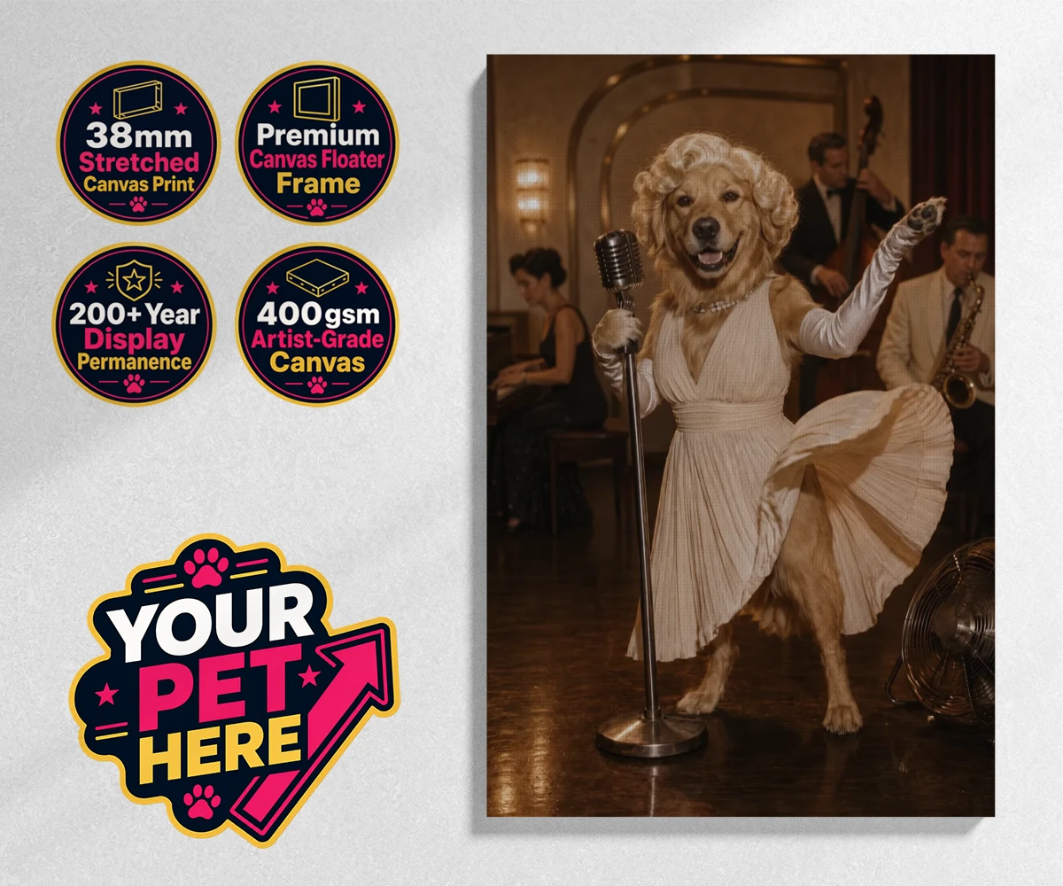 Personalised stretched canvas print of The Hollywood Blonde dog in a vintage gown with glamorous curls