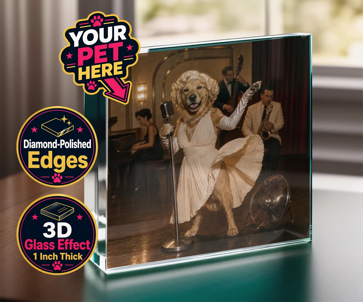 Personalised acrylic prism featuring The Hollywood Blonde dog in a vintage gown with glamorous curls