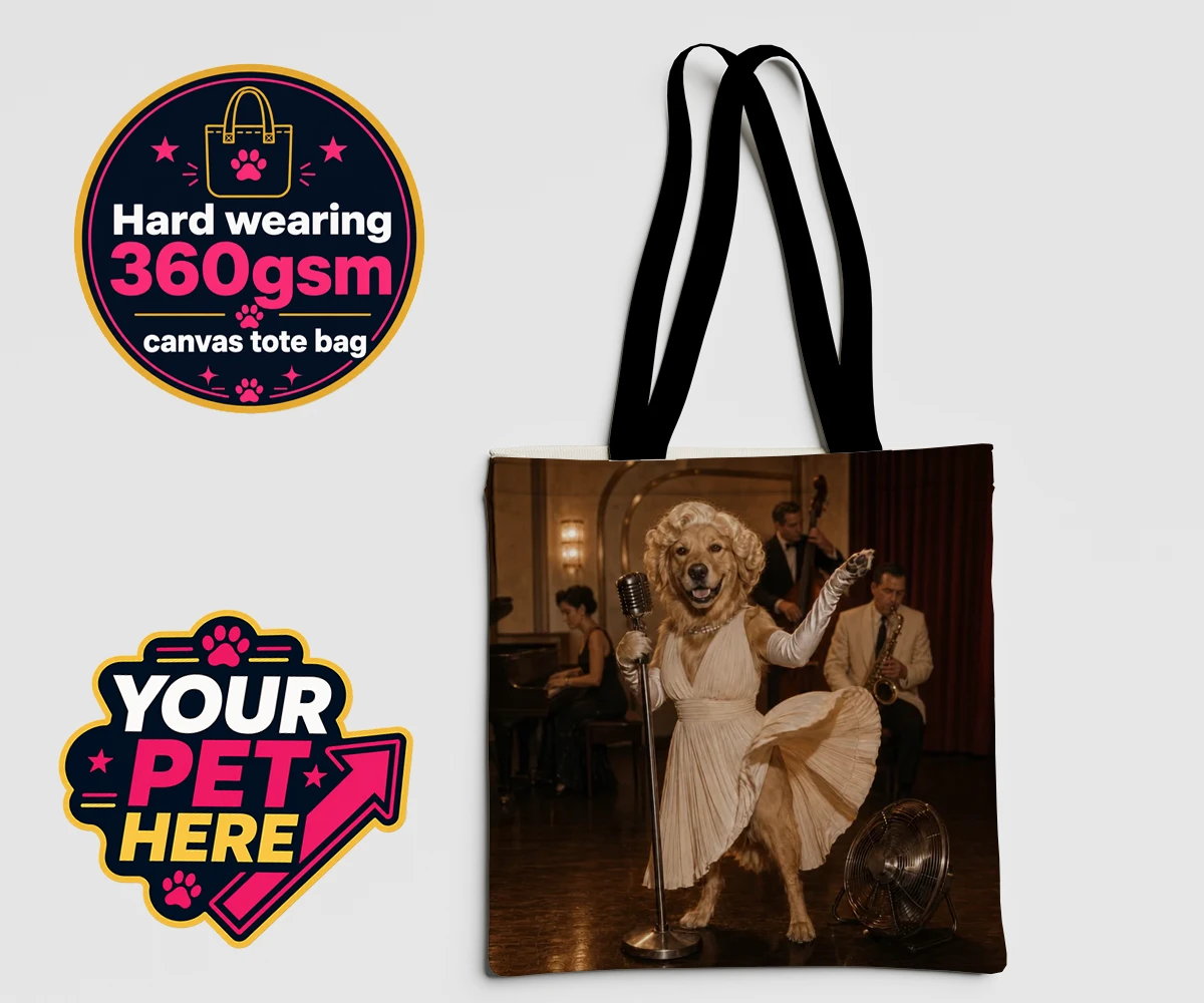 Personalised tote bag featuring The Hollywood Blonde dog in a vintage gown with glamorous curls