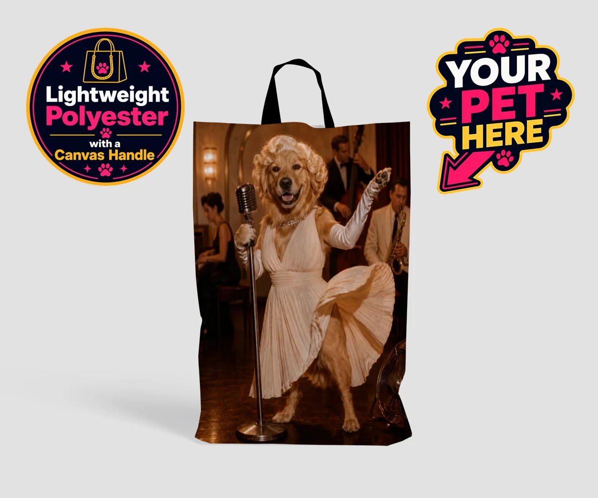 Personalised shopping bag featuring The Hollywood Blonde dog in a vintage gown with glamorous curls